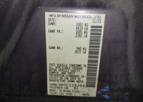 2016 Nissan Altima 3.5 Sl/3.5 Sr z USA, uszkodzony, nr VIN 1N4BL3AP7GC118204